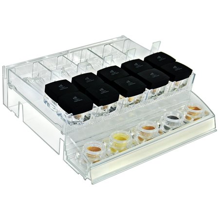 Azar Displays Adjustable Short Divider Bin Cosmetic Tray with Tester on Front and Spring Pushers, Clear, 2-Pack 225840-TESTER-SHORT-2PK